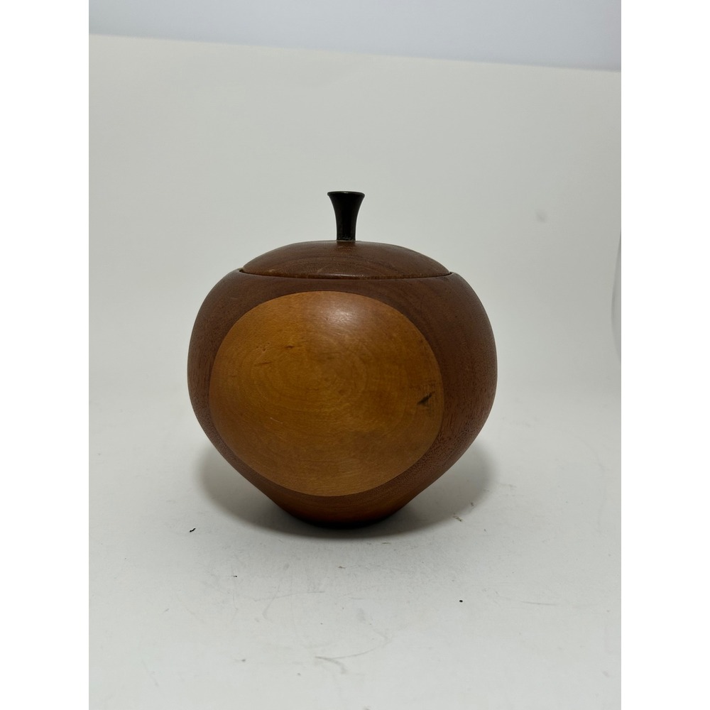 Vintage MCM Hand Turned Mixed Wood Inlay Apple Jar with Lid Brown Striped - Picture 3 of 8